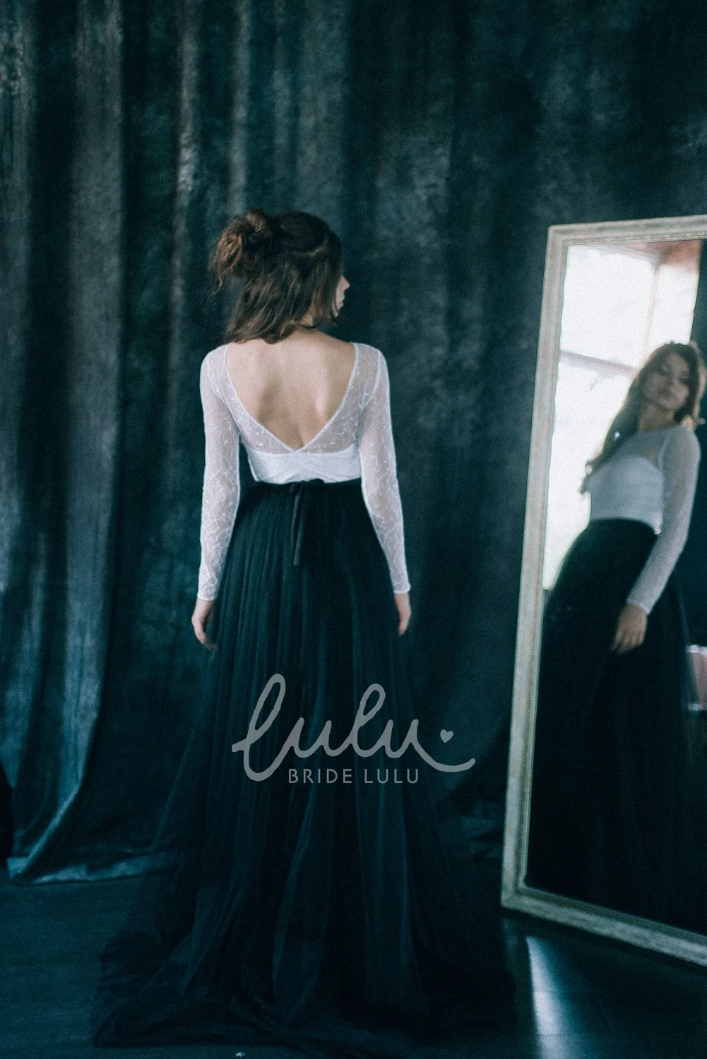 Black Pleated Lace Sheath Wedding Dress Bateau Deep-V Back Long Sleeve Floor-length