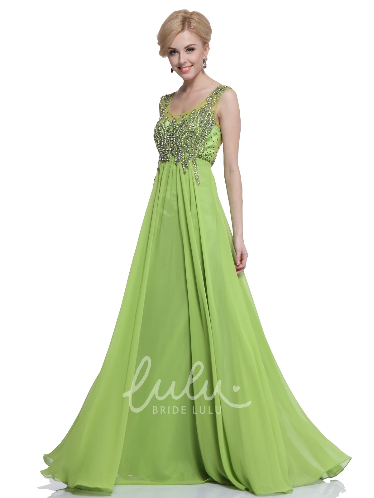 Maxi V-Neck A-Line Prom Dress with Beading and Pleats Sleeveless Empire Chiffon Illusion
