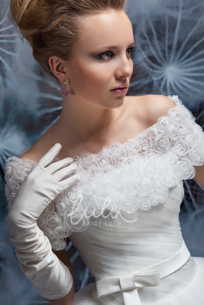 Cape Tulle Wedding Dress with Ruched Scoop Neckline and Flower Long