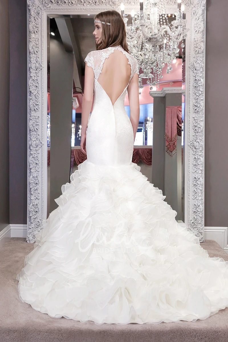 High Neck Cap-Sleeve Lace Wedding Dress with Ruffles and Appliques
