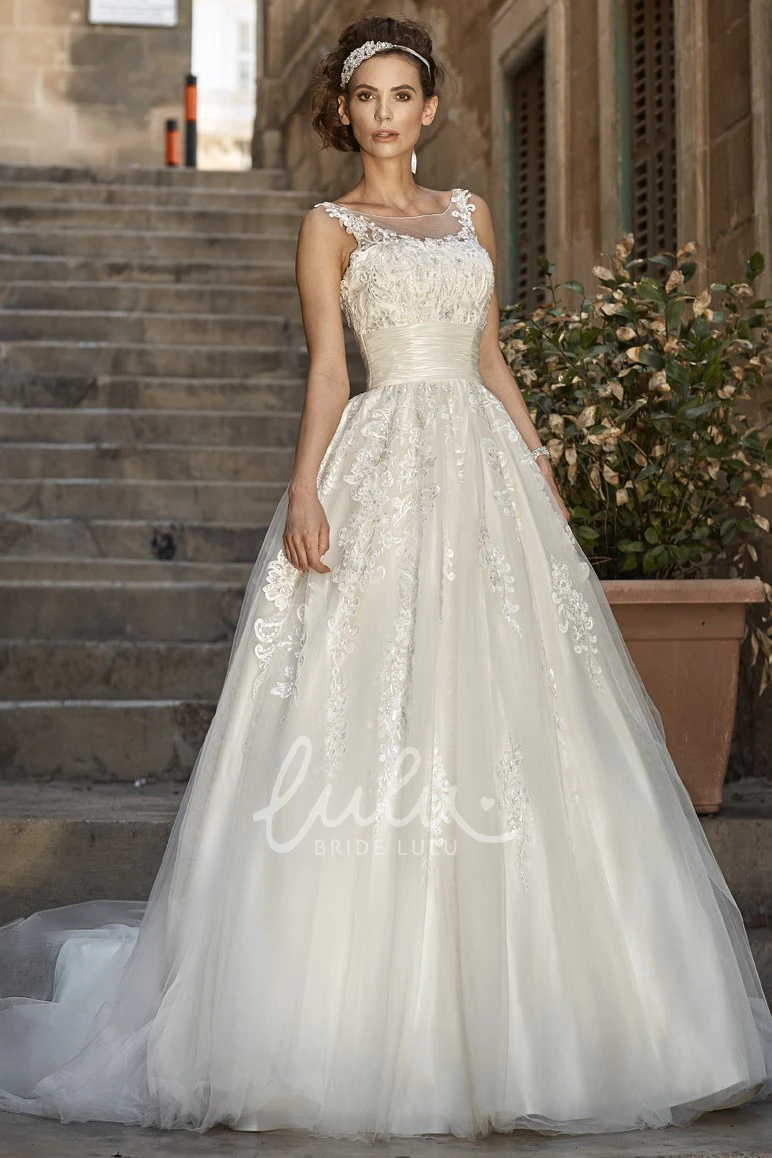 Floor-Length Sleeveless A-Line Wedding Dress with Tulle&Lace and Appliques