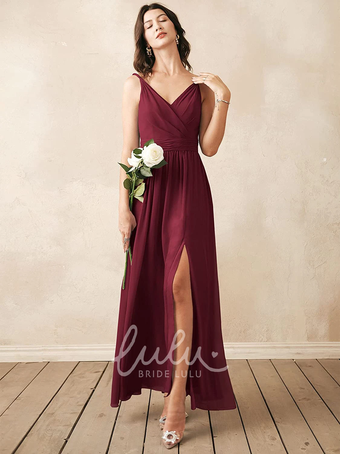 V-Neck Chiffon Ankle-Length Bridesmaid Dress with Ruching Sexy & Elegant