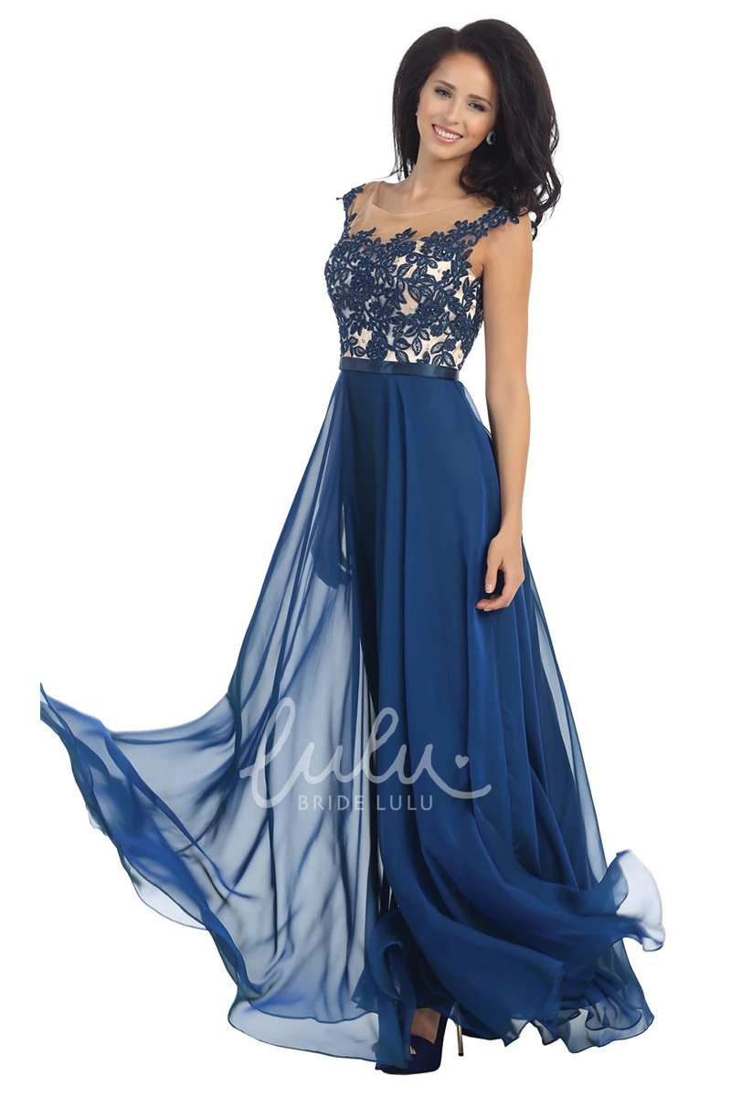 Unique Chiffon Illusion Dress with Appliques and Pleats