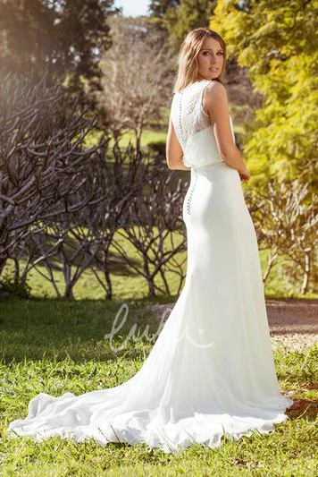 Lace Sleeveless Floor-Length Chiffon Wedding Dress with Court Train and Illusion Back Boho Wedding Dress with Court Train