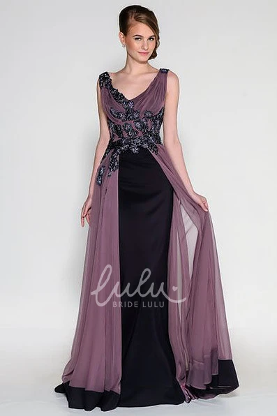 Beaded Satin and Tulle Floor-Length Prom Dress with Ruched V-Neck