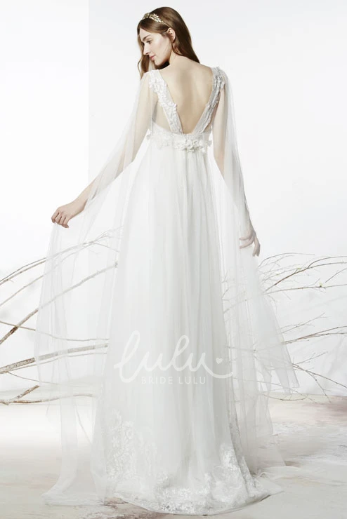 A-Line Floral Tulle Wedding Dress with Beading Long Sleeveless Bateau