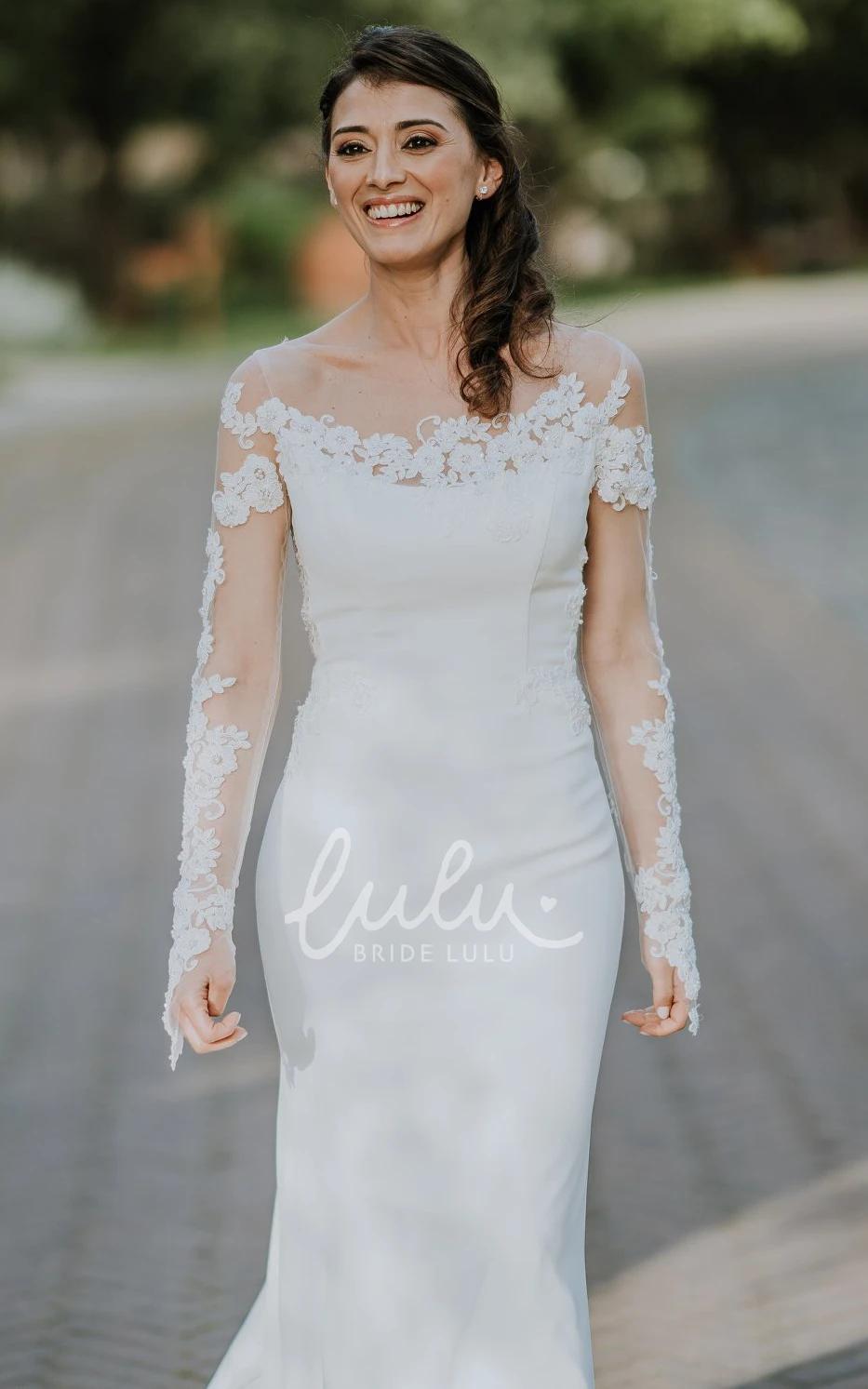 Satin Off-Shoulder Sheath Beach Wedding Dress Casual Bridal Gown with Illusion Back and Appliques