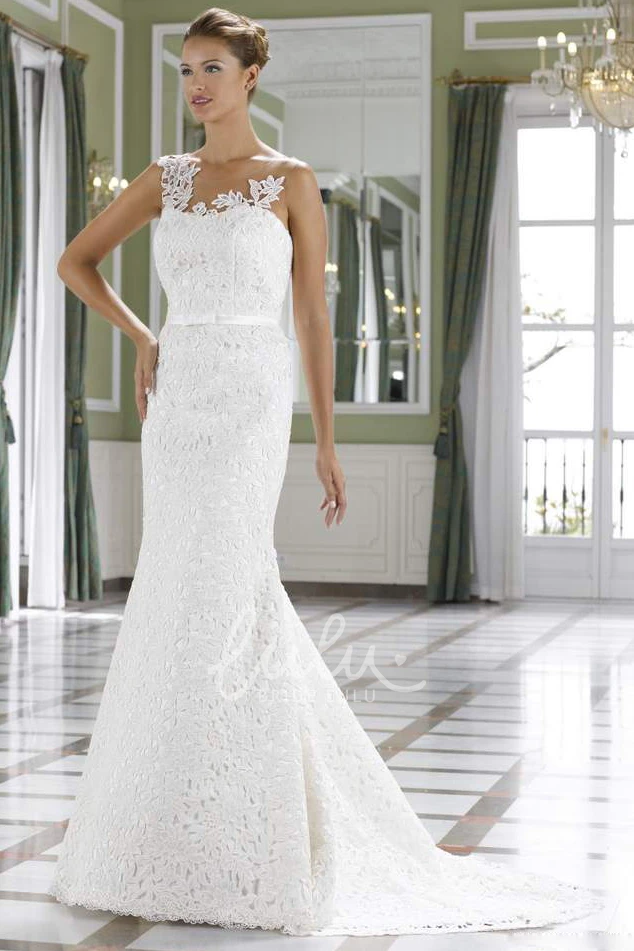 Scoop Neck Sleeveless Lace Wedding Dress in Sheath Style with Brush Train and Deep-V Back