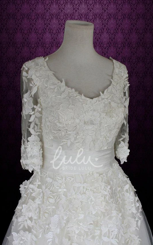 V-Neck Tulle Warm Wedding Dress with Half Sleeves and Low-V Back