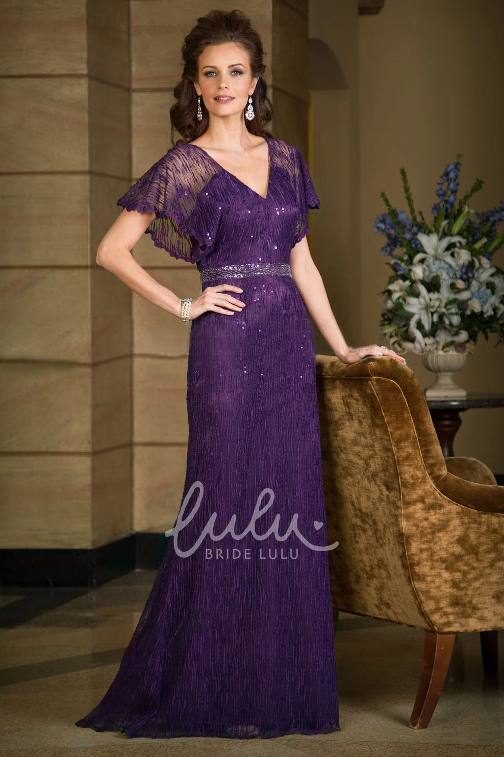 Sequin V-Neck Mother of the Bride Dress with Short Sleeves Elegant Formal Dress