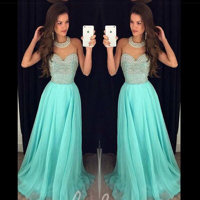Elegant High-Neck Beaded Chiffon Prom Dress Sleeveless Women's Formal Gown
