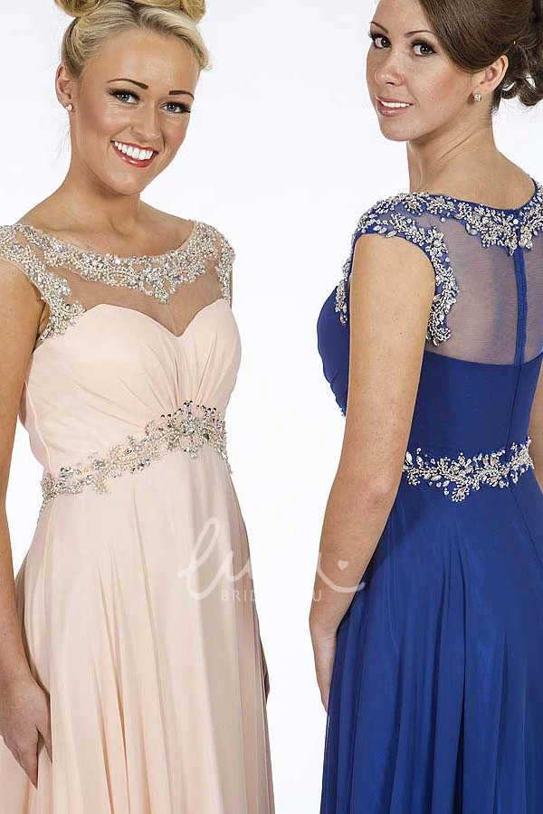 Beaded Cap-Sleeve Chiffon Prom Dress with Empire Waist and Ruching A-Line