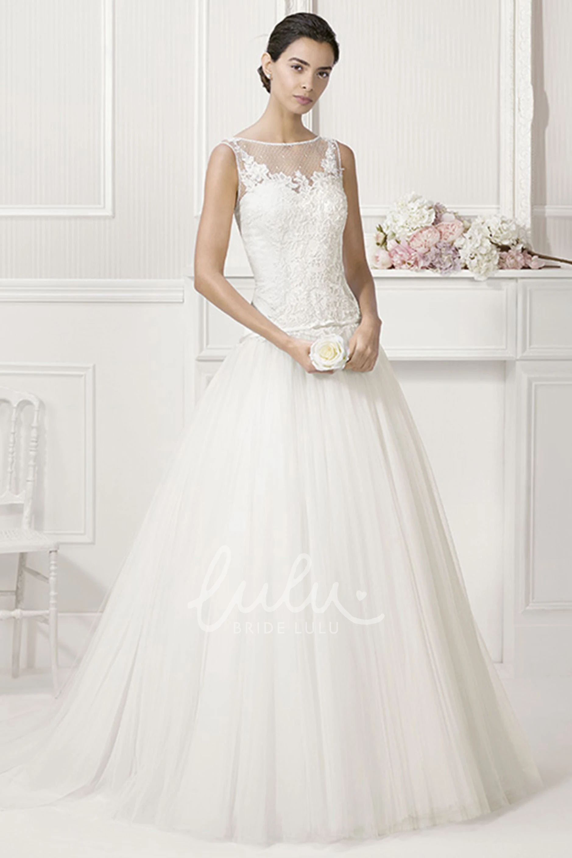 Tulle Drop Waist Bridal Gown with Jewel Neckline and Applique Top