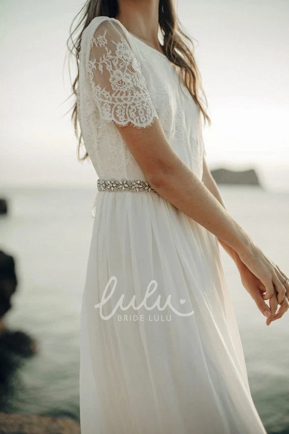Bateau Sheath Bridal Gown with Short Sleeve and Lace Open Back Boho Wedding Dress