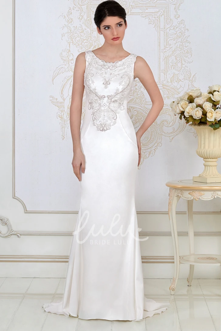 Beaded Satin Sheath Wedding Dress Sleeveless Scoop-Neck Maxi