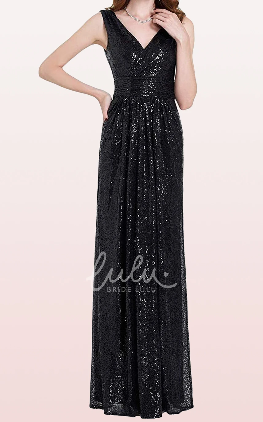 V-Neck A-Line Sequin Bridesmaid Dress with Ruching Floor-Length