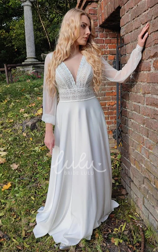 A-Line Satin Wedding Dress with Poet Long Sleeves and Zipper Back Romantic Satin Wedding Dress
