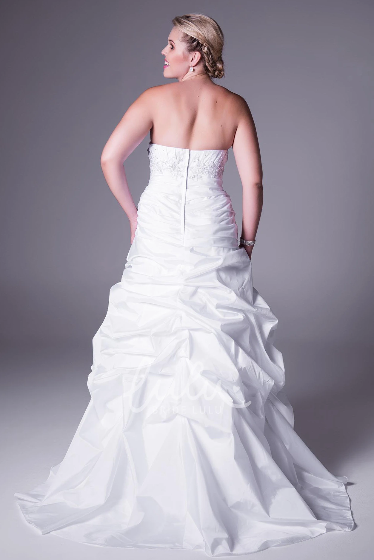 Satin Plus Size Wedding Dress Strapless with Appliques and Ruffles Sweep Train