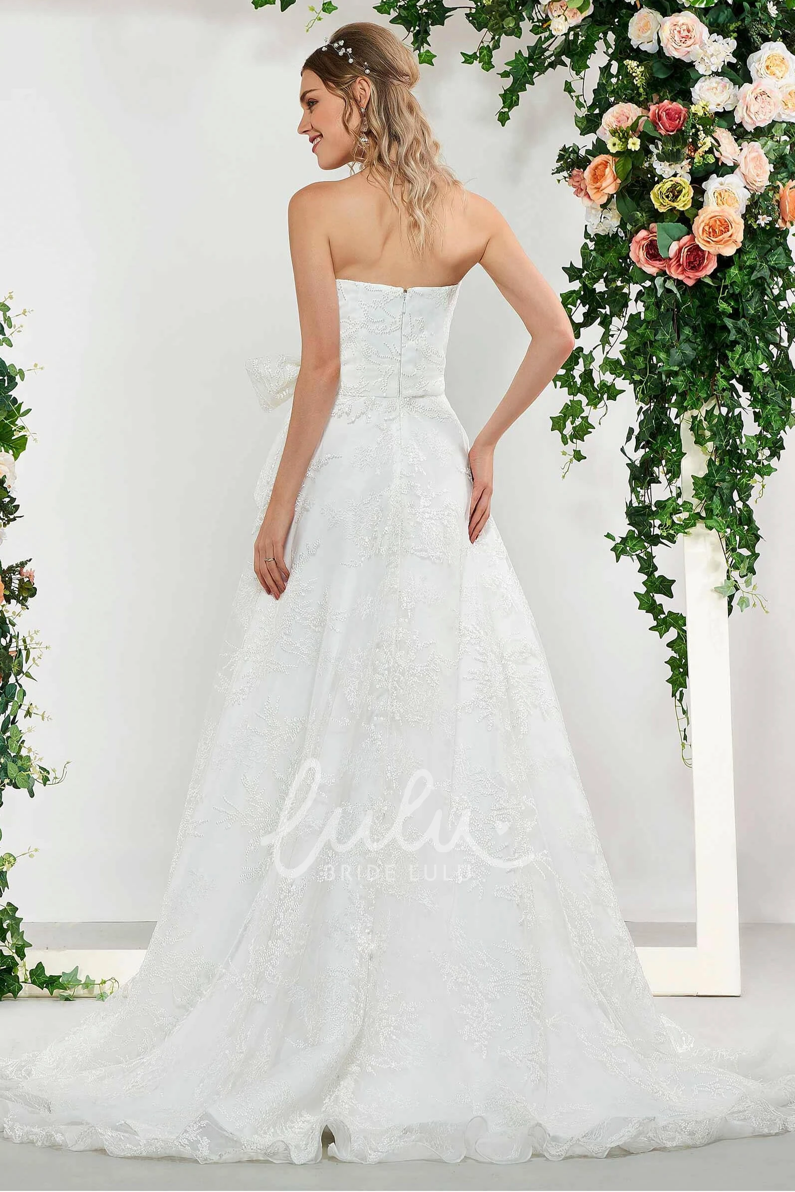 Sweet Lace High-low Wedding Dress with Sash and Bow Sleeveless Sweet High-low Lace Wedding Dress