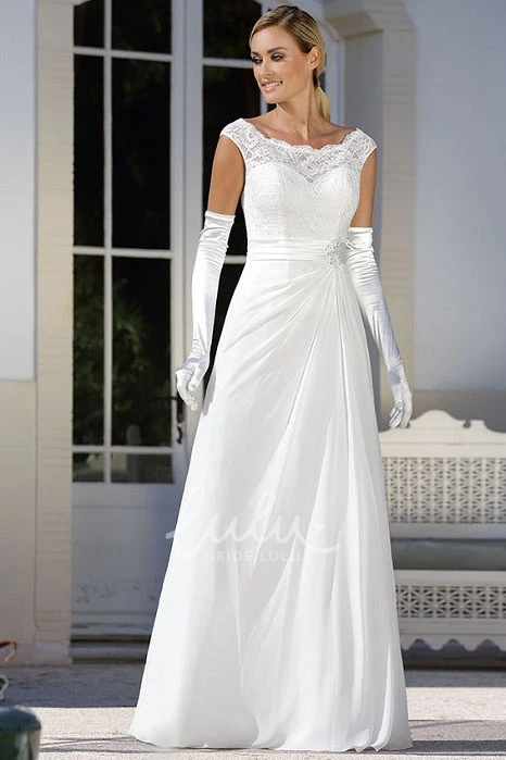 Lace & Satin Wedding Dress Cap-Sleeve Bateau A-Line