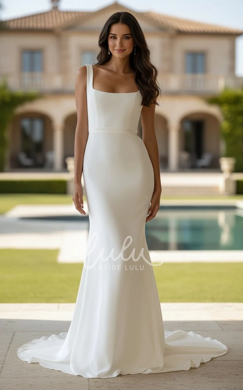 Modern Minimalist Square Neck Wedding Dress Sleeveless Mermaid Court Tarin Gown