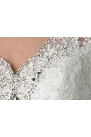 Open Back Sheath Tulle Wedding Dress with Lace and V Neckline Crystal Embellished