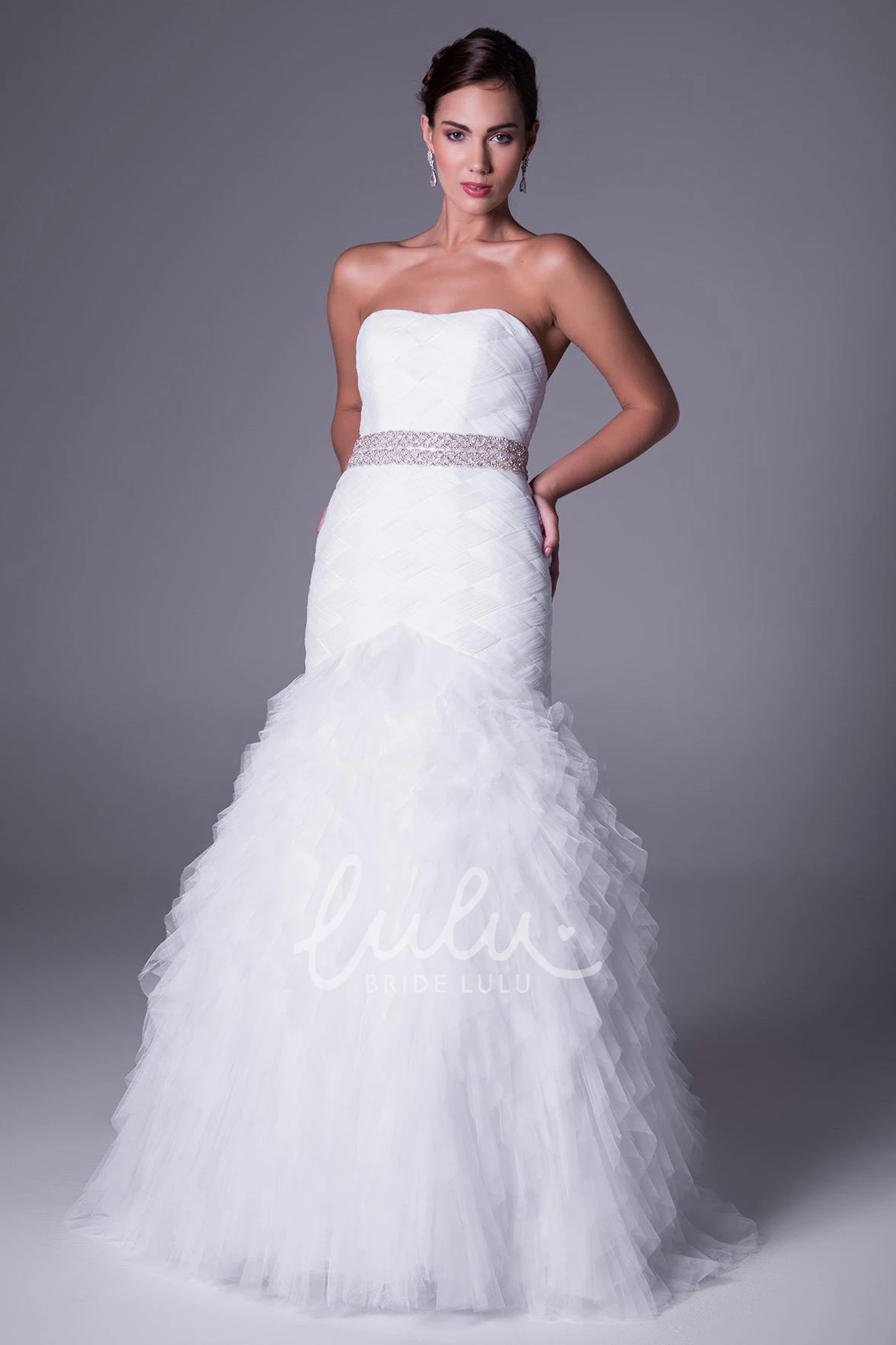 Strapless Tulle Wedding Dress with Cascading Ruffles and Jeweled Waist Flowy Bridal Gown