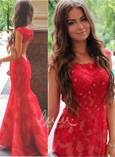 Red Mermaid Prom Dress with Lace Appliques Sexy Jewel Sweep Train