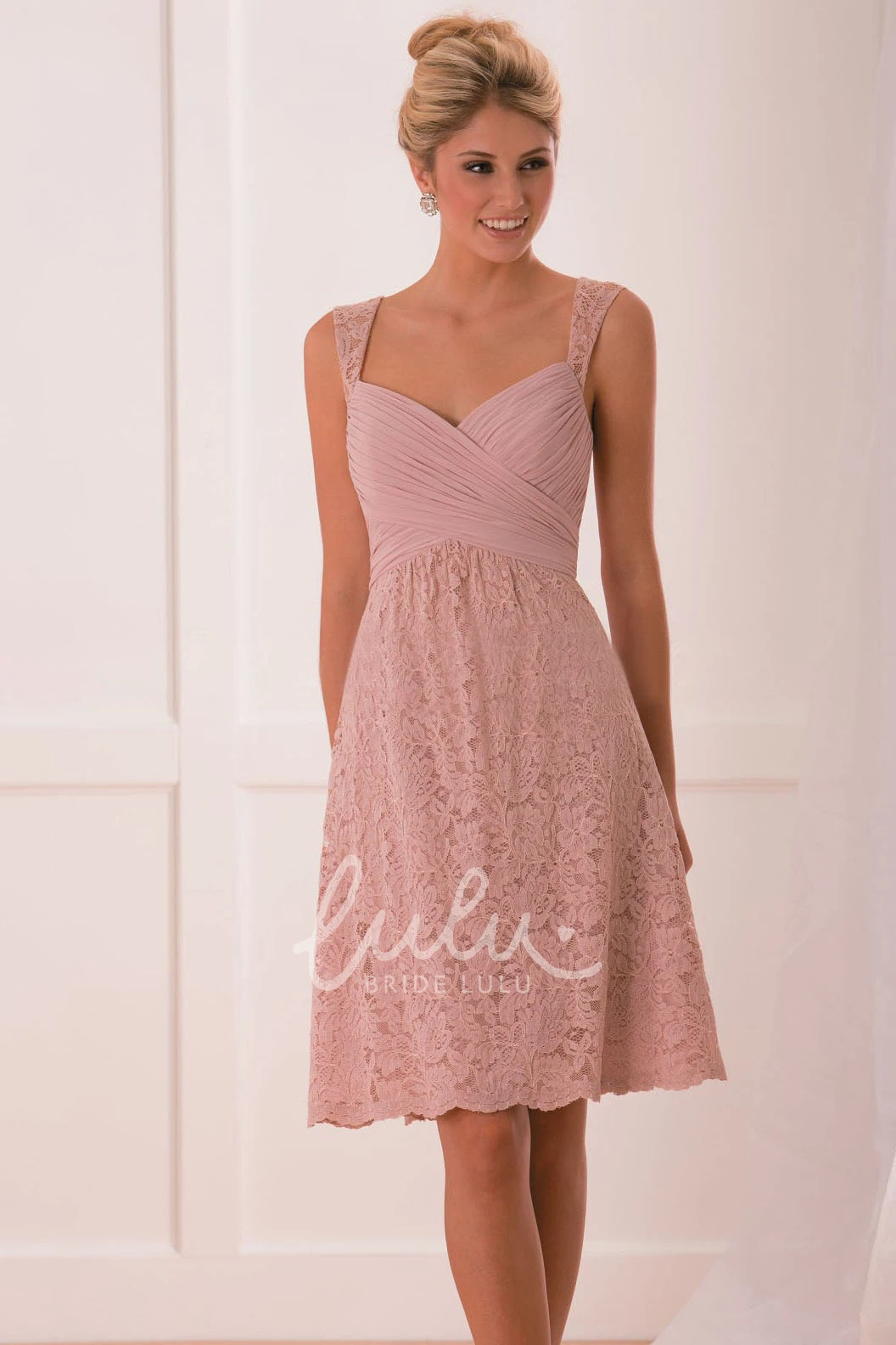 Short A-Line Lace Bridesmaid Dress with Cap Sleeves and Ruched Bodice
