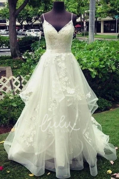 Adorable Sleeveless Tulle Wedding Dress V-neck with Floral Appliques and Ruffles