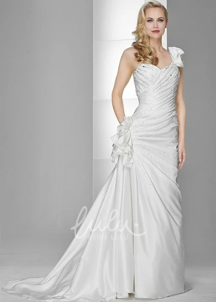 One-Shoulder Satin Wedding Dress with Beading and Flower Sheath