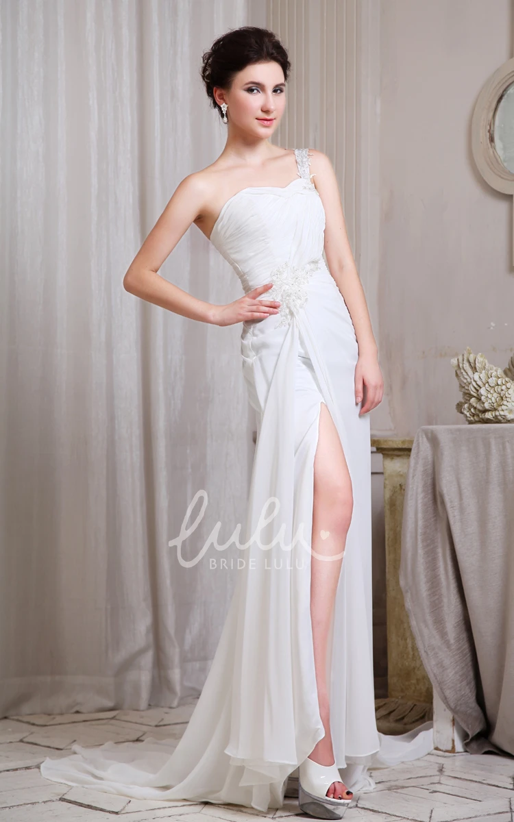 Chiffon Wedding Dress with Single Strap Sweetheart Front-Split Pleats