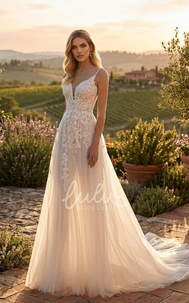 Lace A-Line Country Sleeveless Wedding Dress Spaghetti Tulle Garden Open Back Bridal Gown