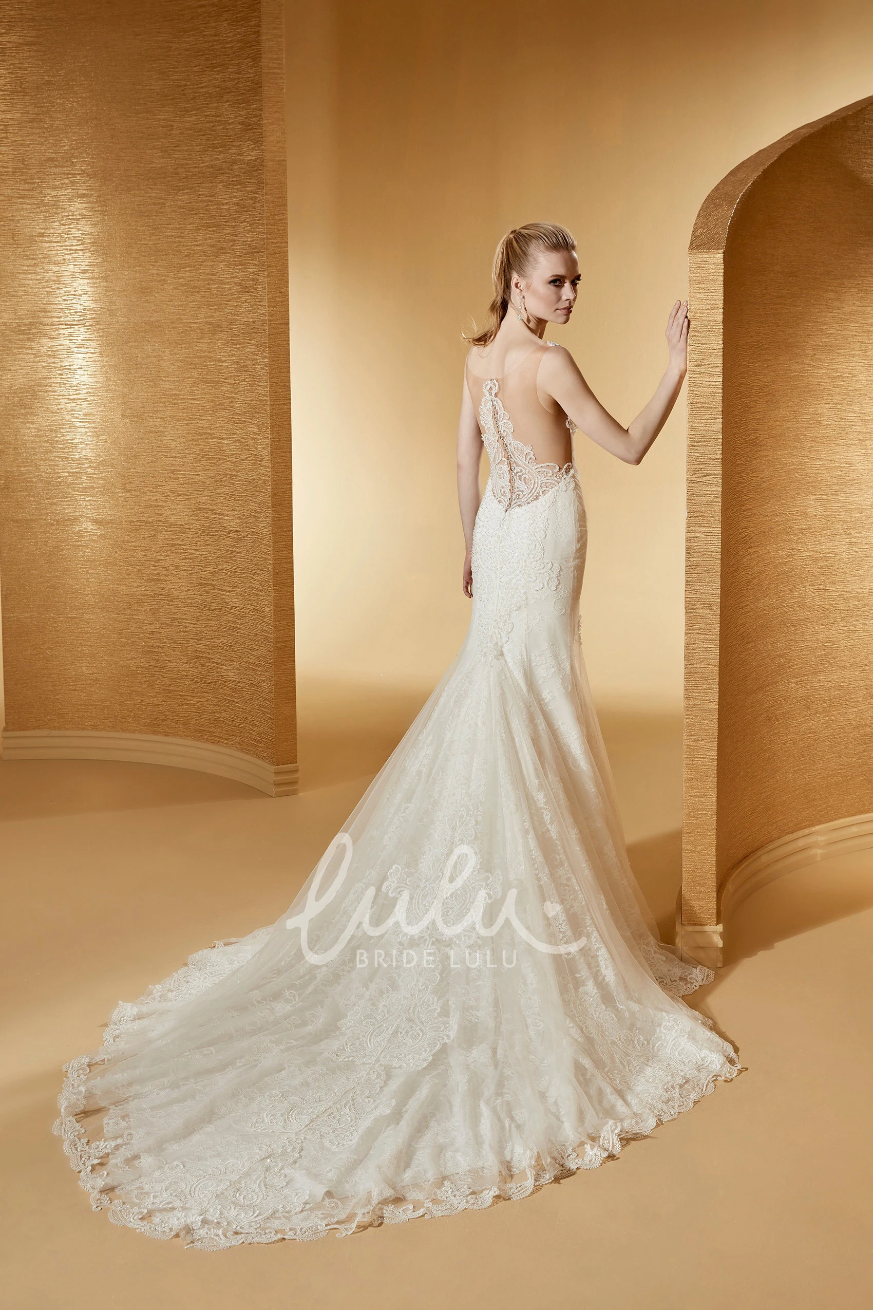 Cap Sleeve Lace Mermaid Wedding Dress with Illusive Appliques and Court Train Chic and Unique