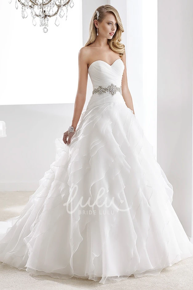 Cascading Ruffles Beaded Belt A-Line Wedding Dress with Sweetheart Neckline