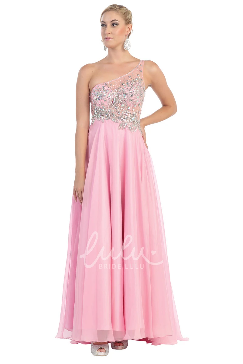 Illusion Tulle Prom Dress with Beading and Pleats A-Line Sleeveless One-Shoulder