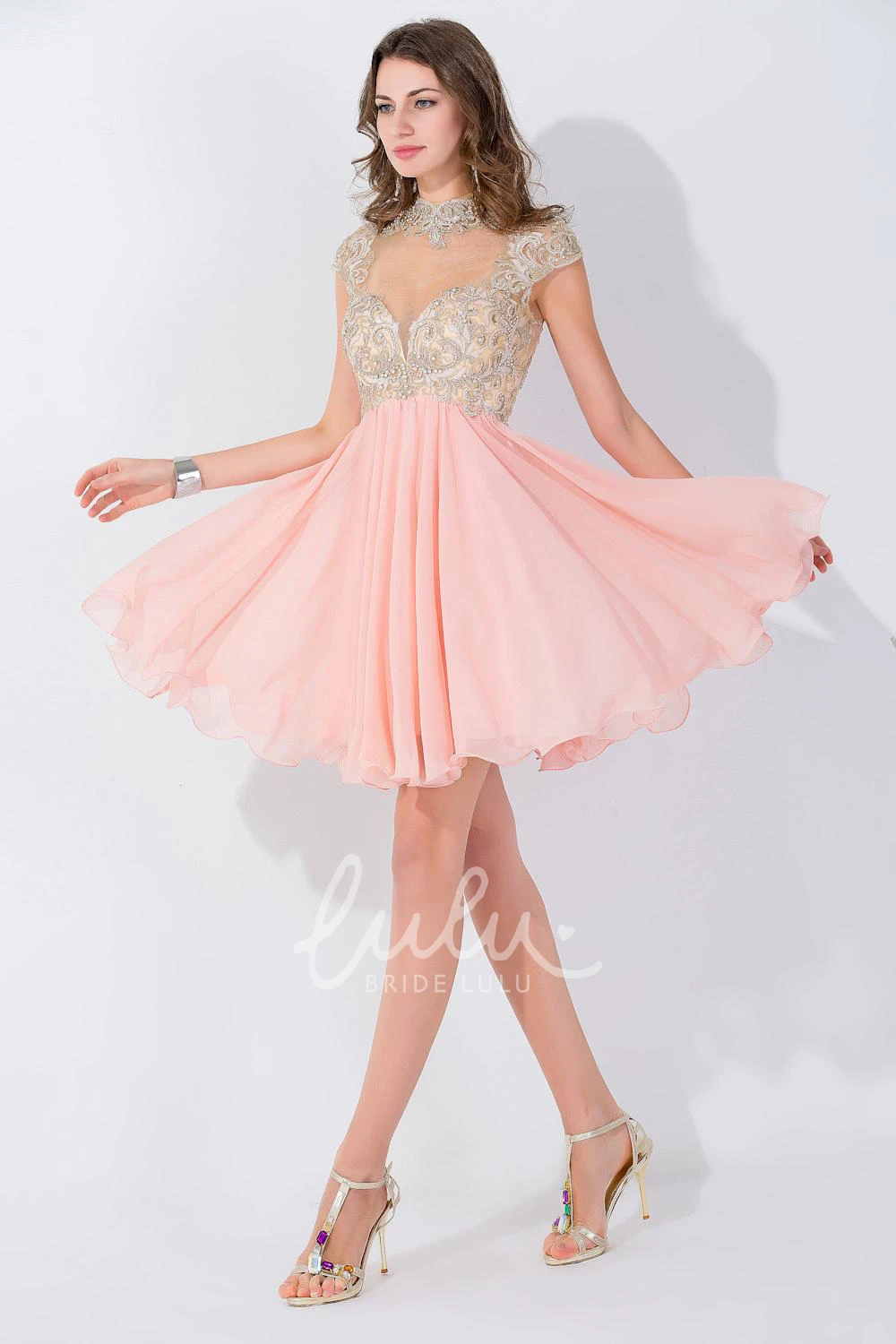 High Neck Cap Sleeve Chiffon Homecoming Dress with Appliques Modern & Elegant