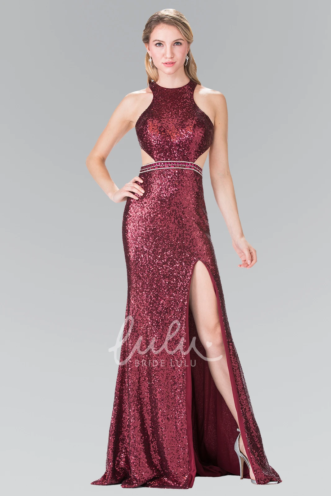 Sequin Straps Sheath Prom Dress with Jewel Neck and Front Split