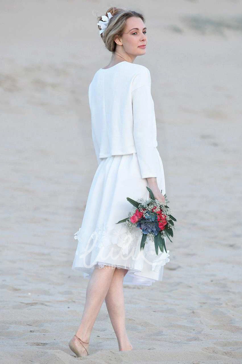 Long Sleeve Knee-Length Dress with Appliques Scoop-Neck & Classy
