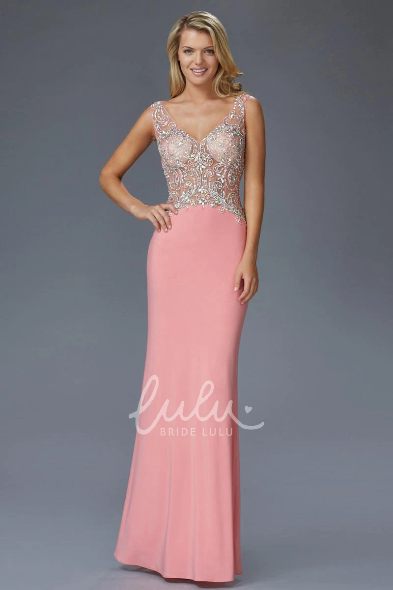 Sleeveless Jersey Keyhole Formal Dress with Beading Sheath Long V-Neck