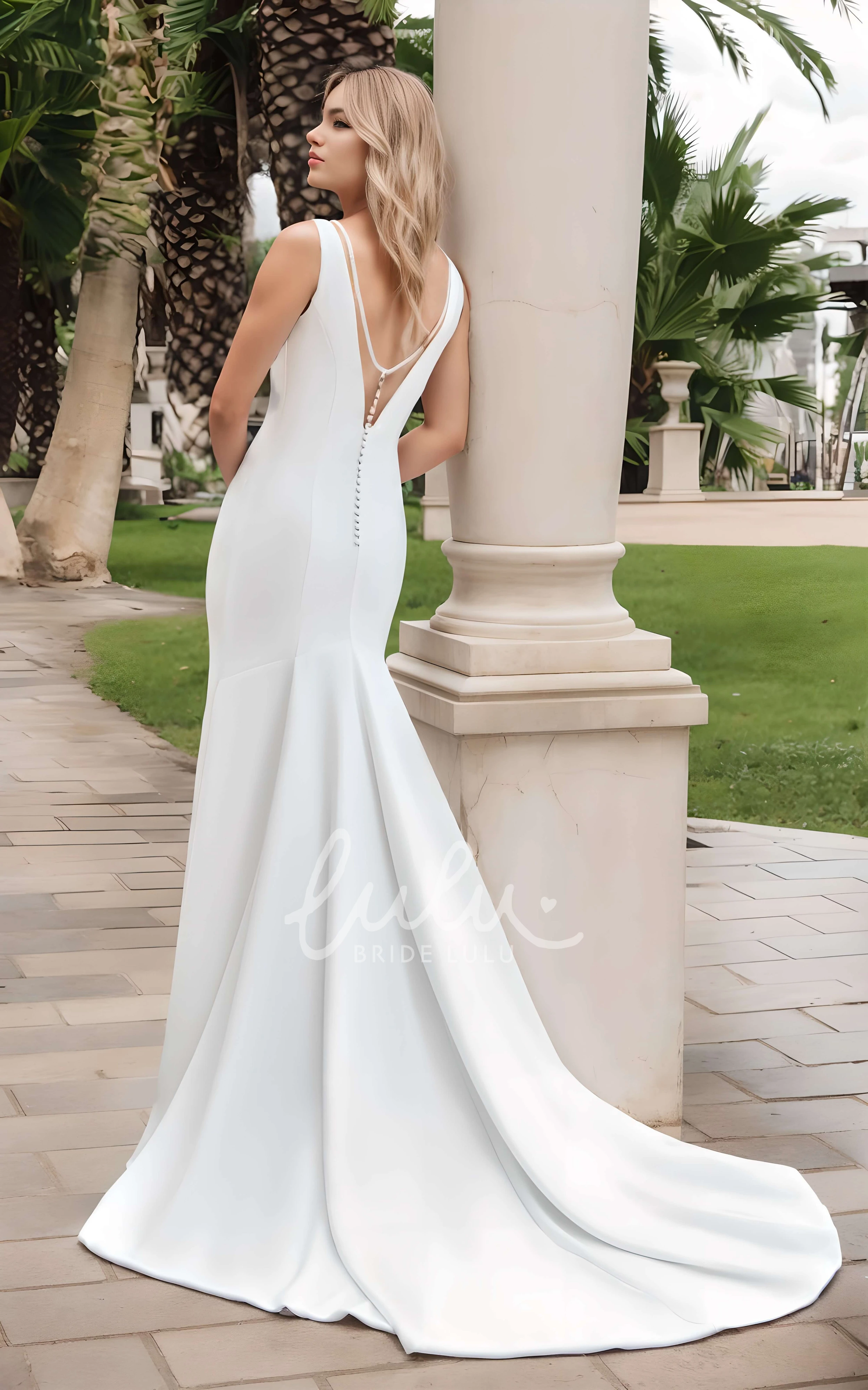 Sexy Elegant Mermaid V-neck Satin Beading Draping Bridal Dress Simple Solid Vow Renewal Floor-length Sleeveless Low-V Back with Button Wedding Gown