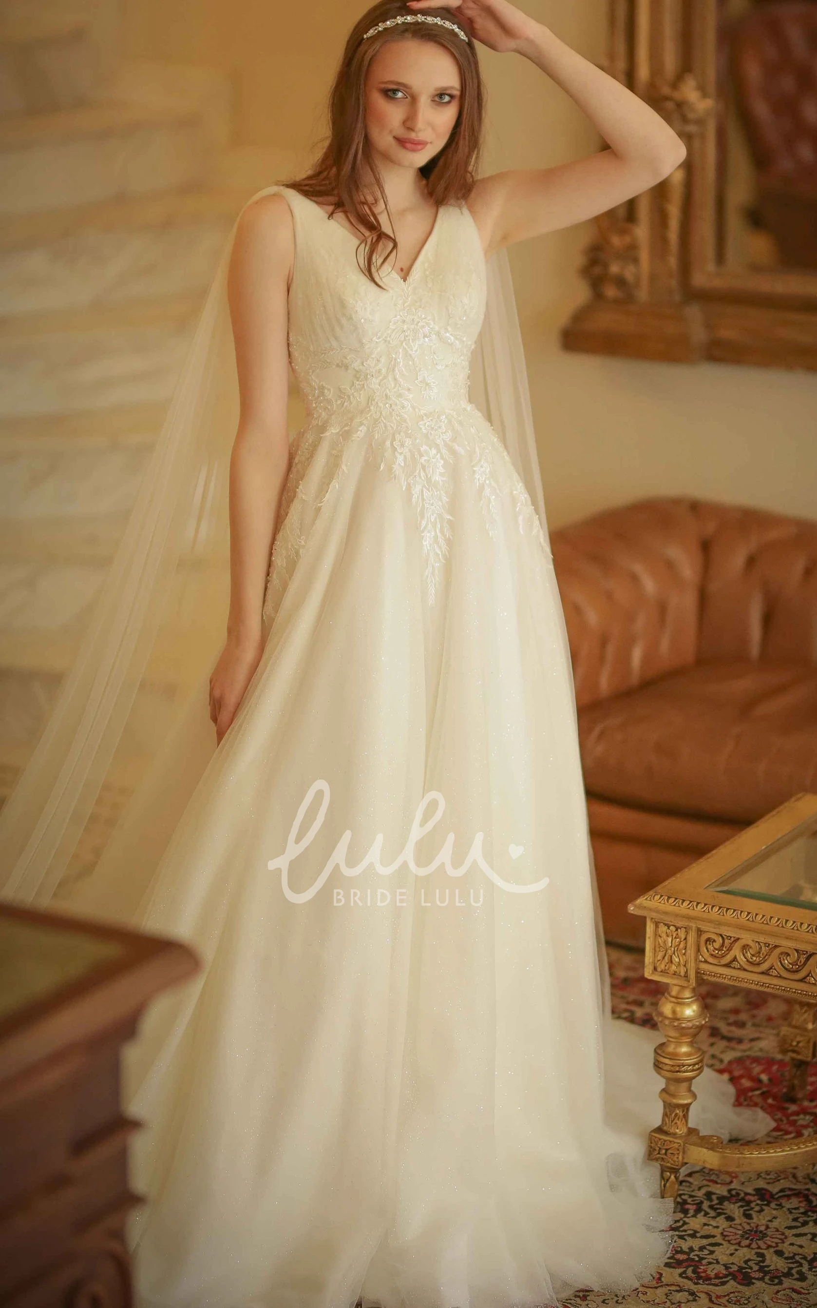 Bohemian Lace V-Neck A-Line Brush Train Wedding Dress with Appliques Boho & Elegant