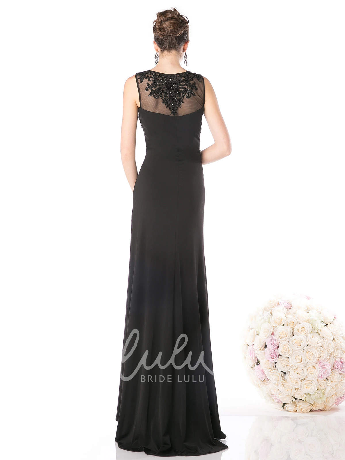 Chiffon Illusion Sheath Bridesmaid Dress with Beading and Ruching Long Scoop-Neck Sleeveless