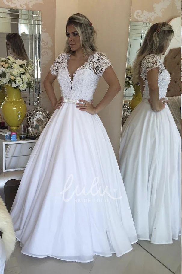 Short Sleeve A-Line Wedding Dress with Lace Appliques and Pearls