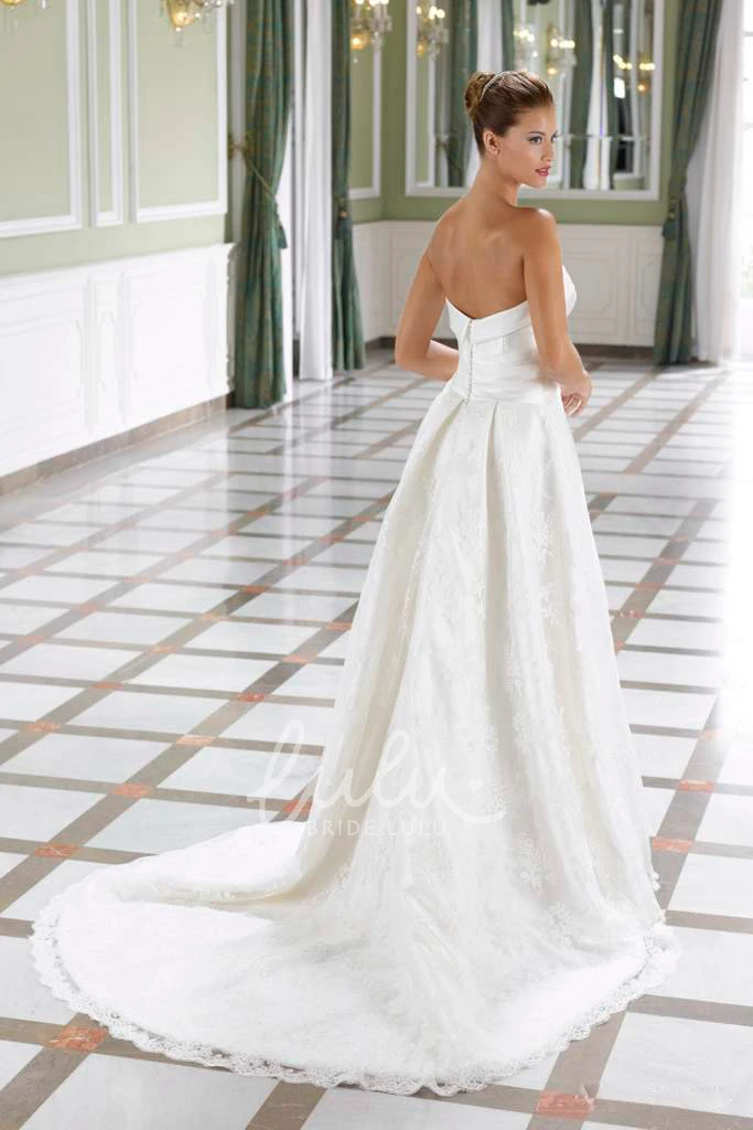Strapless Satin&Lace A-Line Wedding Dress with Court Train and Backless Style