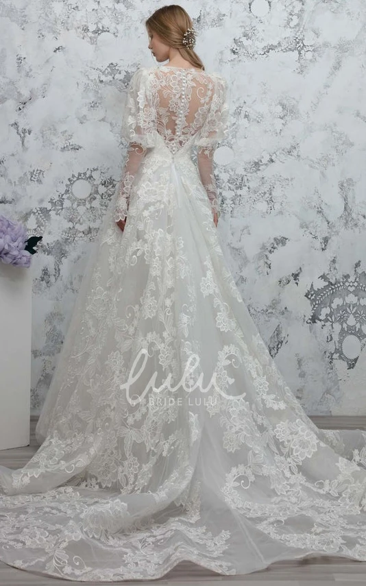 Plunging Neckline Tulle Ball Gown Wedding Dress with Appliques Elegant & Classy