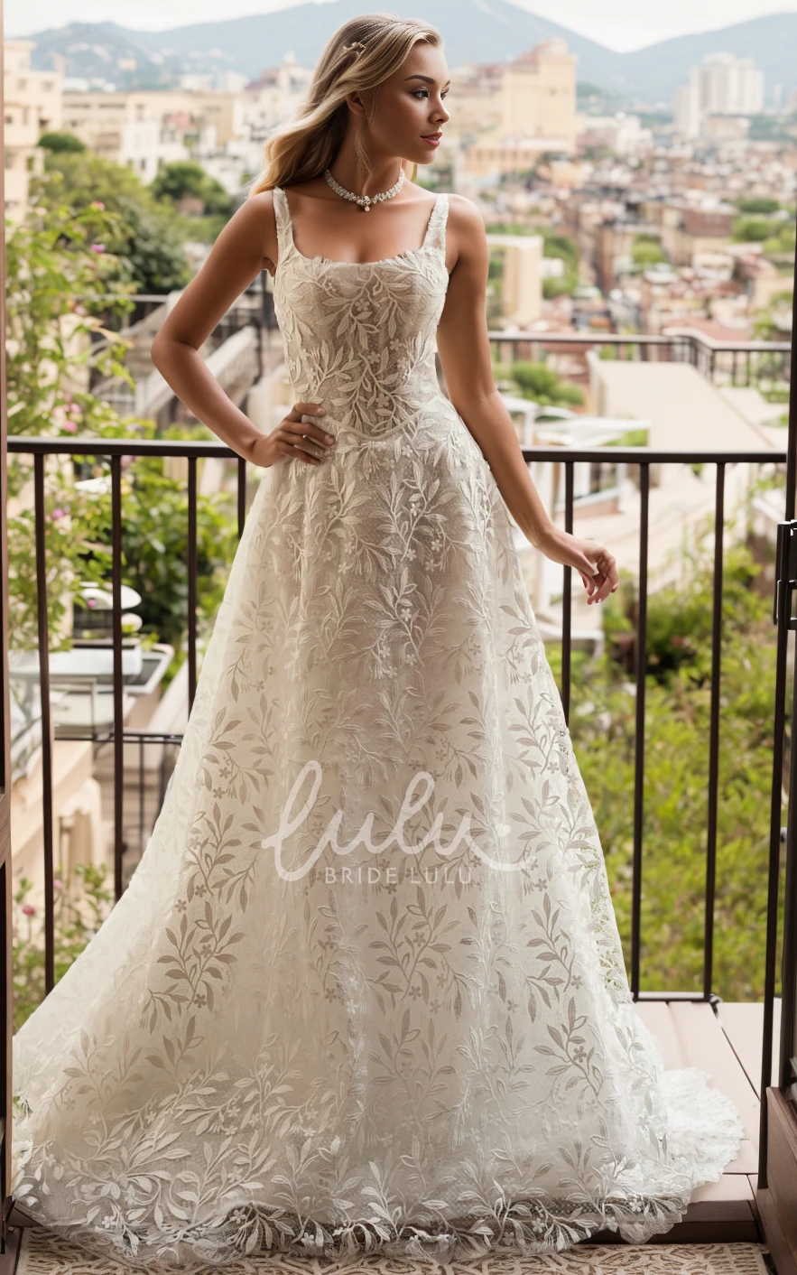 Bohemian Romantic A-Line Square Neck Lace Wedding Dress Modern Adorable Sleeveless Court Train Bridal Gown