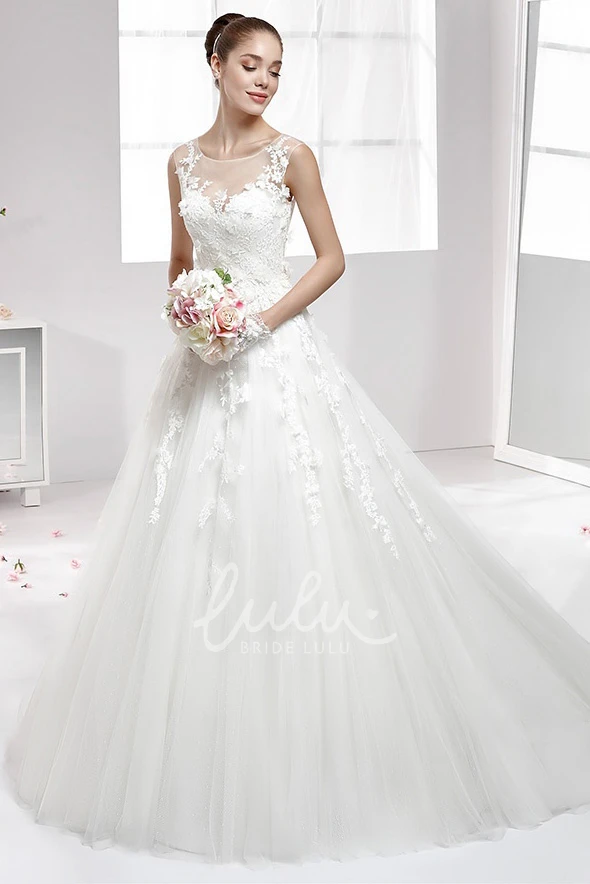 A-Line Wedding Gown with Jewel-Neck and Illusive Lace Appliques