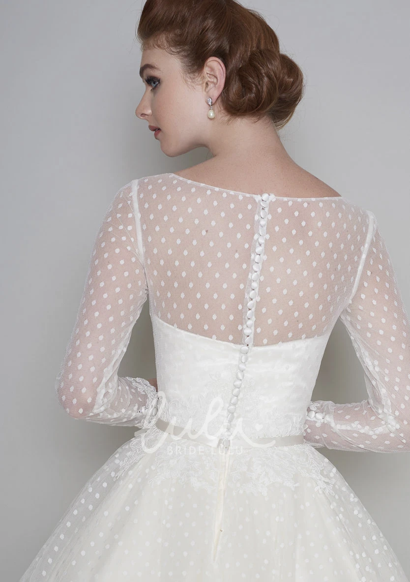 Vintage Illusion Bateau Sweetheart Tea Length Wedding Dress with Long Sleeves