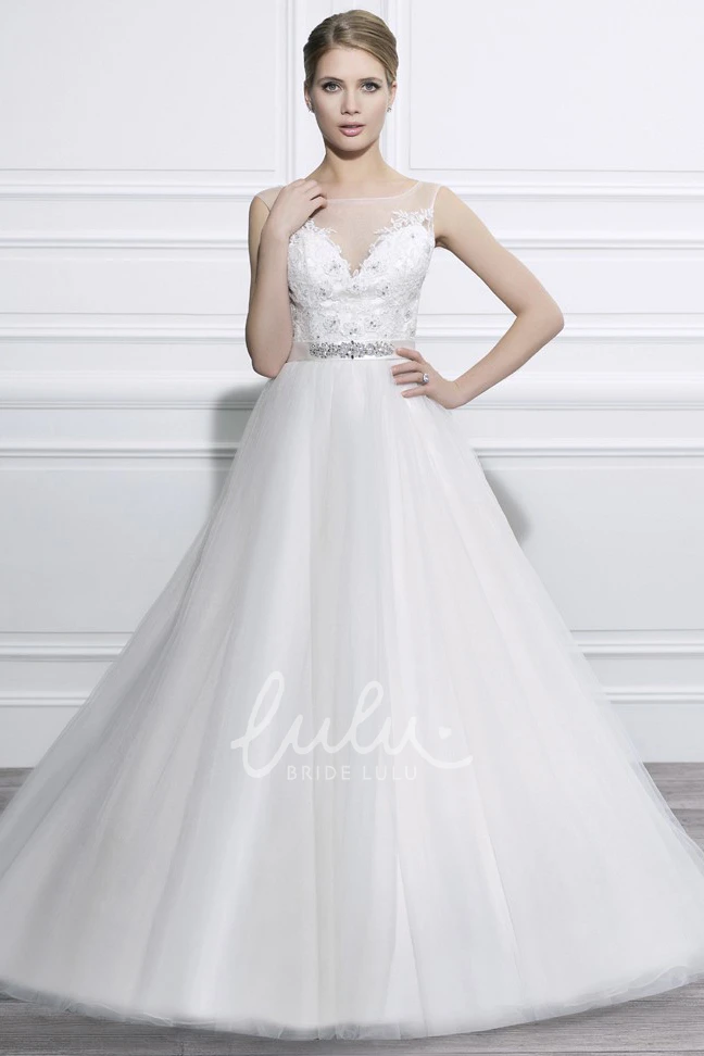 Sleeveless Appliqued Tulle Wedding Dress with Illusion Back and Waist Jewelry Ball Gown Style